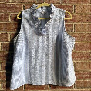 Crown & Ivy Blue/White Seersucker V-Neck Top, Size XL